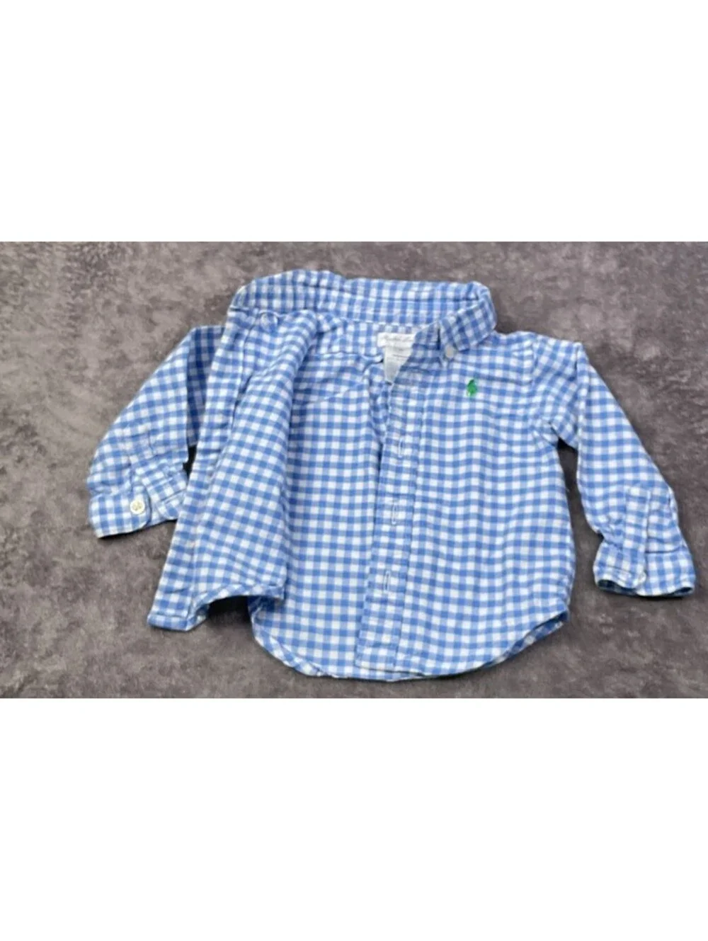 Ralph Lauren Baby Boys 3M Blue White Gingham Button Down Shirt Pony Logo 100% Co